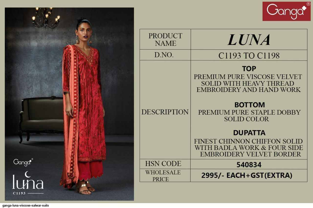 Luna By Ganga Fashion 1193 To 1198 Series Beautiful Stylish Festive Suits Fancy Colorful Casual Wear & Ethnic Wear & Ready To Wear Pure Viscose Velvet Dresses At Wholesale Price