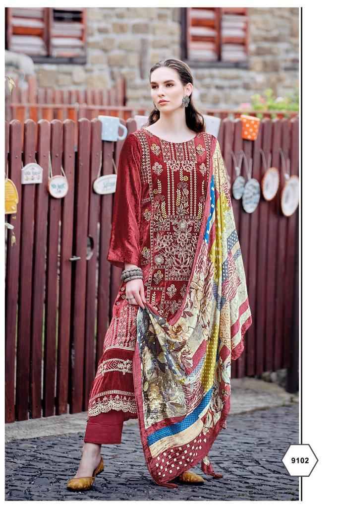 Qataar By Aiqa 9101 To 9108 Series Beautiful Suits Colorful Stylish Fancy Casual Wear & Ethnic Wear Pure Velvet With Work Dresses At Wholesale Price