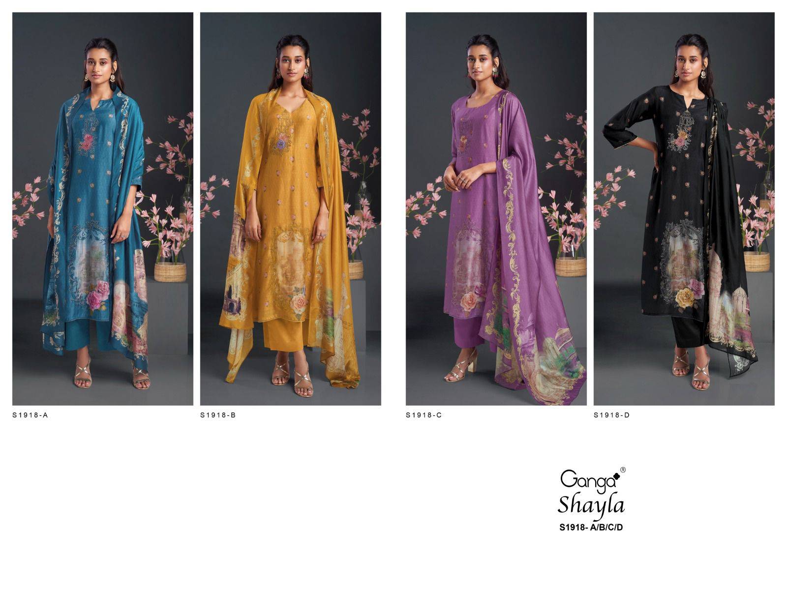 Shayla-1918 By Ganga Fashion 1918-A To 1918-D Series Beautiful Stylish Festive Suits Fancy Colorful Casual Wear & Ethnic Wear & Ready To Wear Bemberg Silk Dresses At Wholesale Price