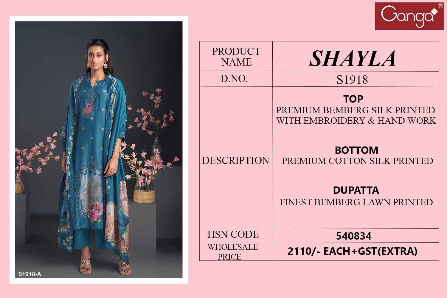 Shayla-1918 By Ganga Fashion 1918-A To 1918-D Series Beautiful Stylish Festive Suits Fancy Colorful Casual Wear & Ethnic Wear & Ready To Wear Bemberg Silk Dresses At Wholesale Price