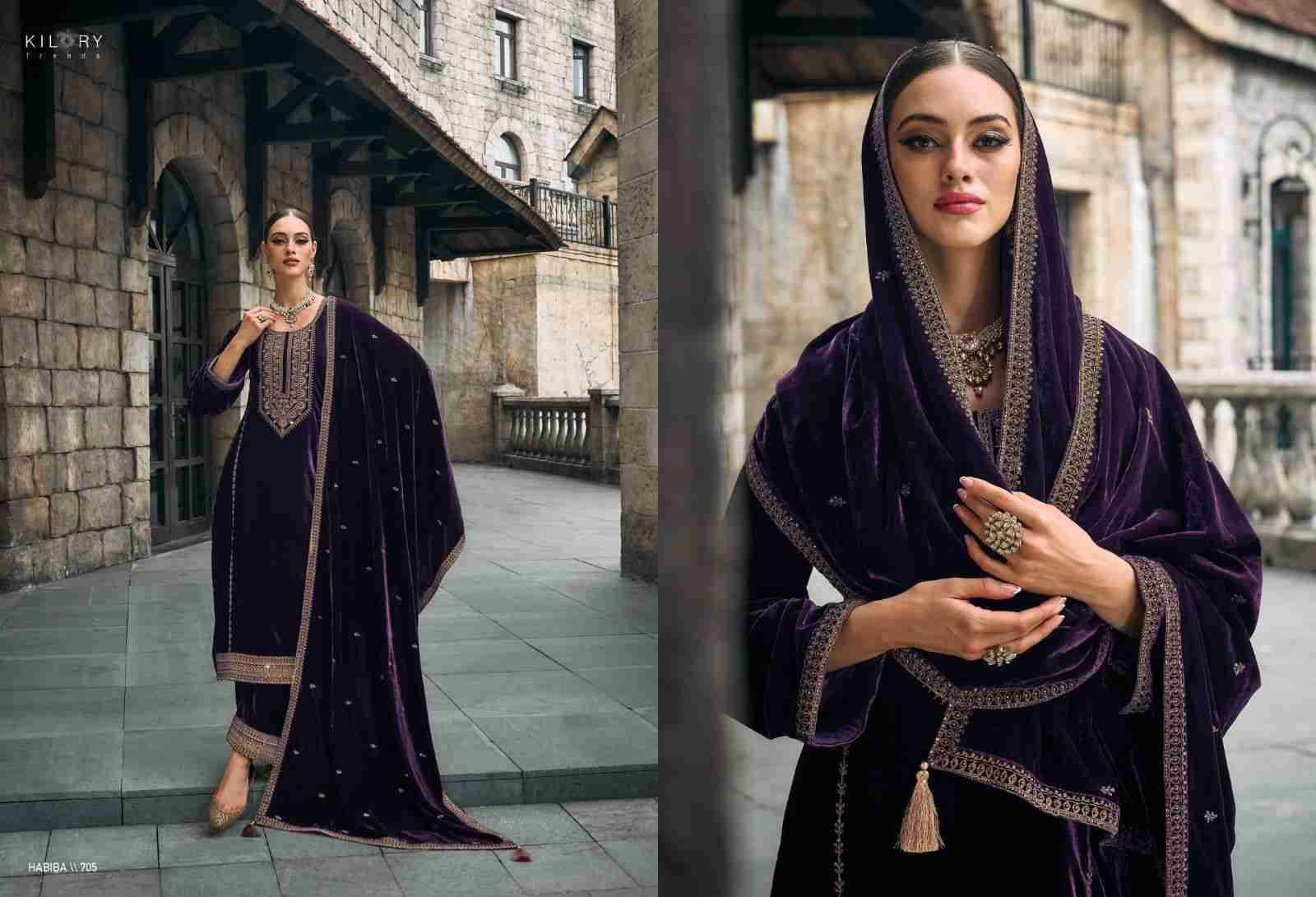 Habiba By Kilory 701 To 706 Series Beautiful Stylish Festive Suits Fancy Colorful Casual Wear & Ethnic Wear & Ready To Wear Pure Velvet With Work Dresses At Wholesale Price