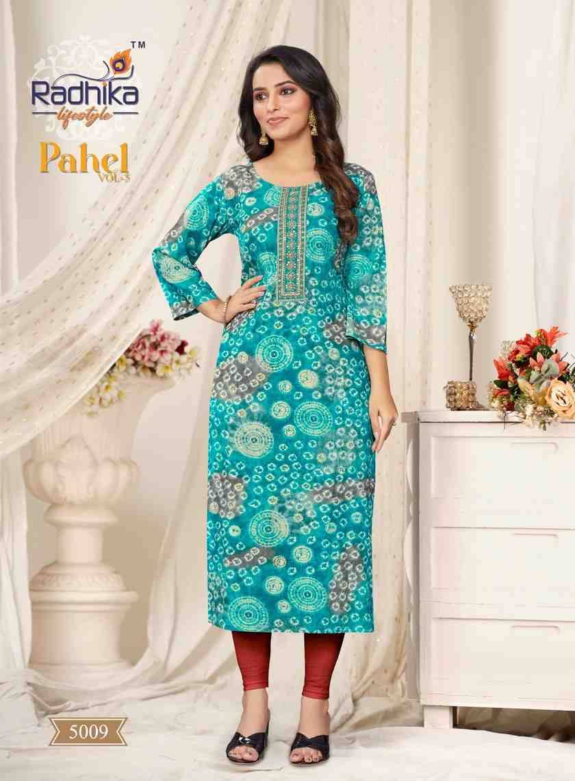 Pahel Vol-5 By Radhika Lifestyle 5001 To 5009 Series Designer Stylish Fancy Colorful Beautiful Party Wear & Ethnic Wear Collection Rayon Prints Kurtis At Wholesale Price
