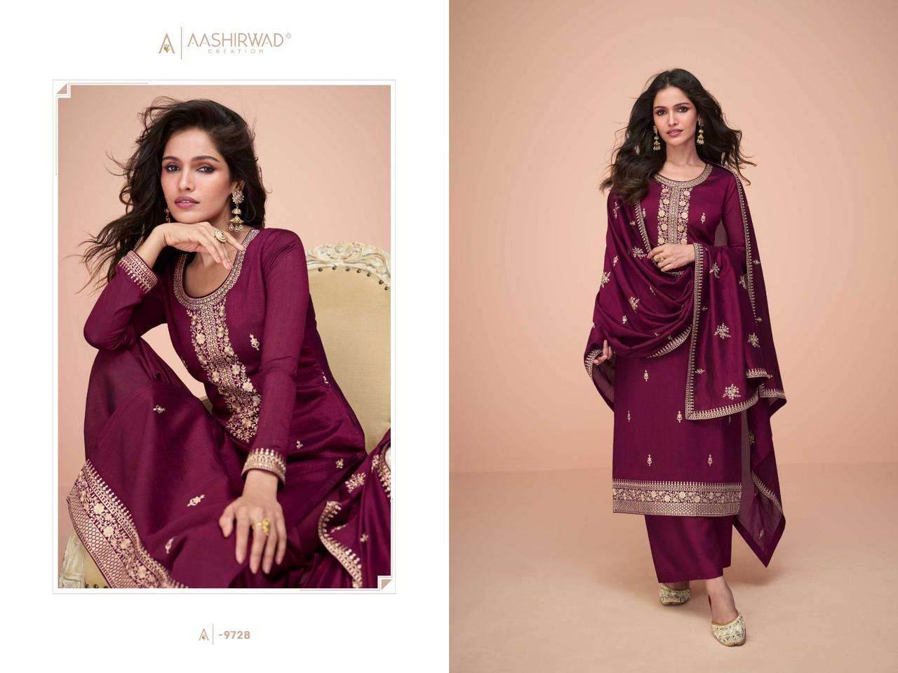 Hiva By Aashirwad Creation 9728 To 9732 Series Beautiful Festive Suits Colorful Stylish Fancy Casual Wear & Ethnic Wear Premium Silk Embroidered Dresses At Wholesale Price