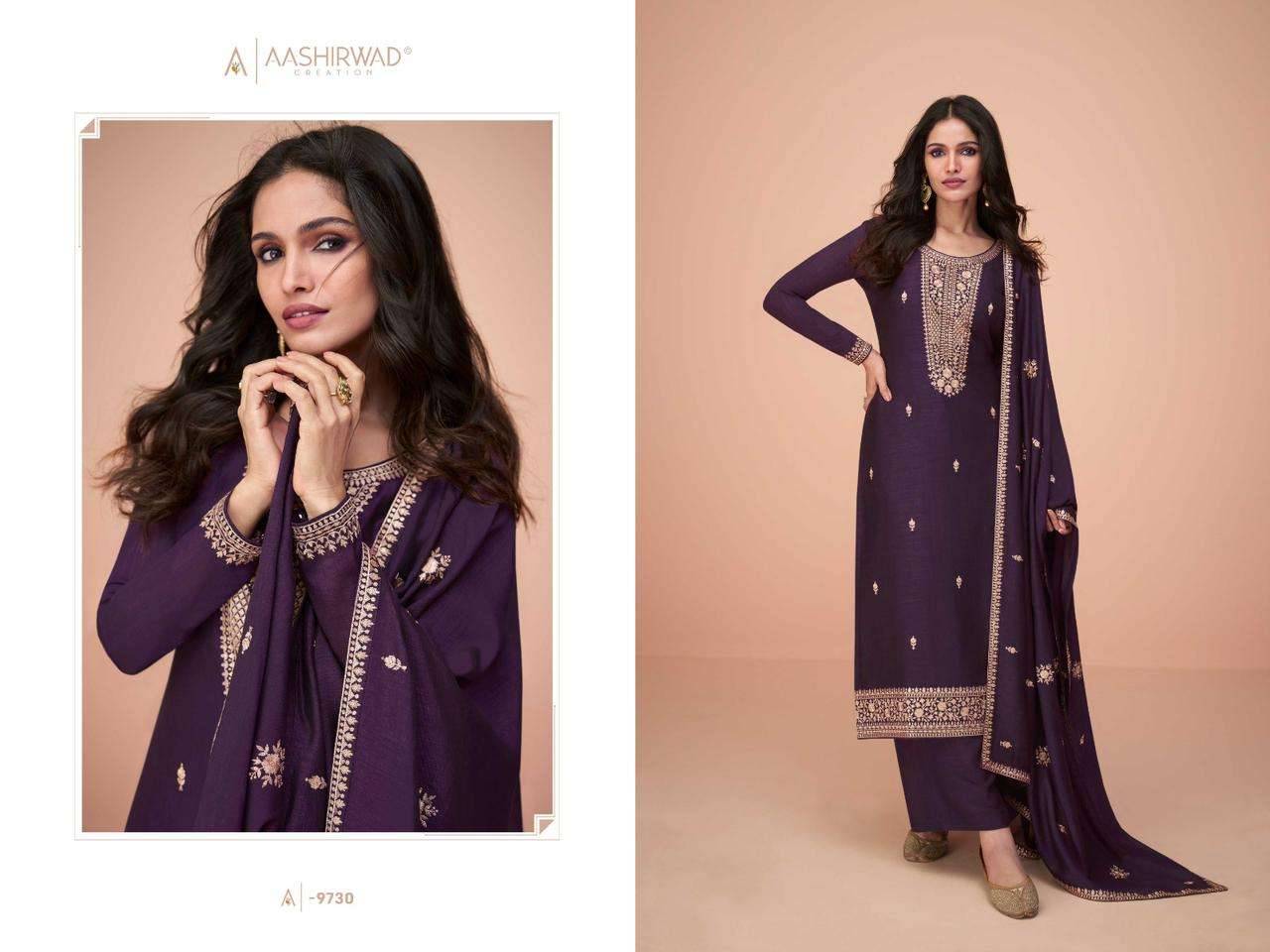 Hiva By Aashirwad Creation 9728 To 9732 Series Beautiful Festive Suits Colorful Stylish Fancy Casual Wear & Ethnic Wear Premium Silk Embroidered Dresses At Wholesale Price
