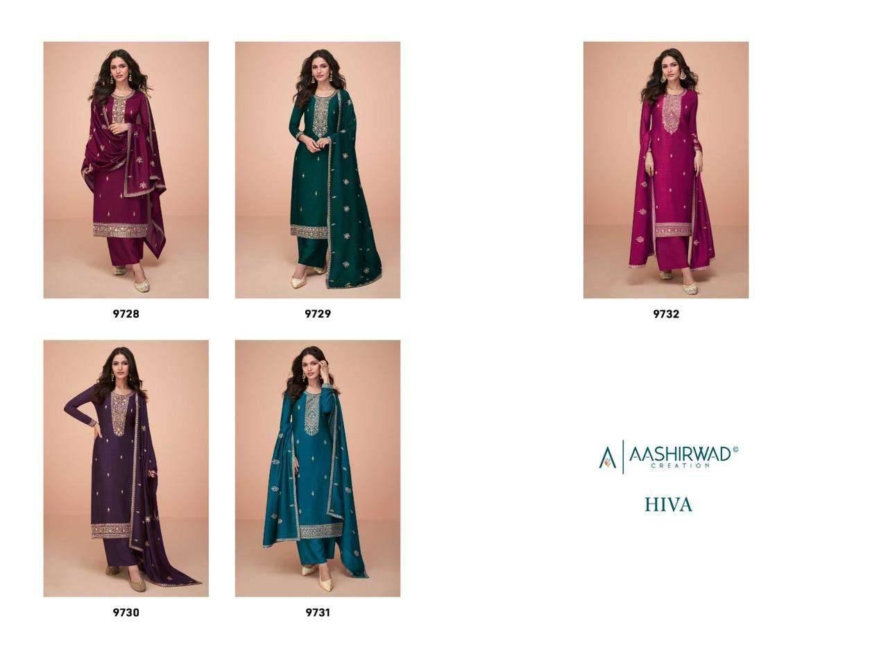Hiva By Aashirwad Creation 9728 To 9732 Series Beautiful Festive Suits Colorful Stylish Fancy Casual Wear & Ethnic Wear Premium Silk Embroidered Dresses At Wholesale Price