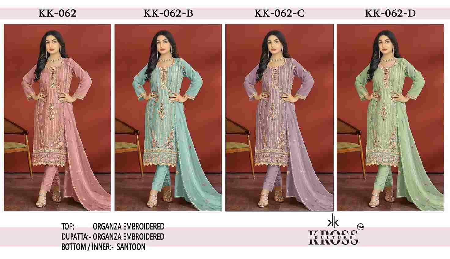 Kross Kulture Hit Design 062 Colours By Kross Kulture 062-A To 062-D Series Beautiful Pakistani Suits Colorful Stylish Fancy Casual Wear & Ethnic Wear Organza Embroidered Dresses At Wholesale Price