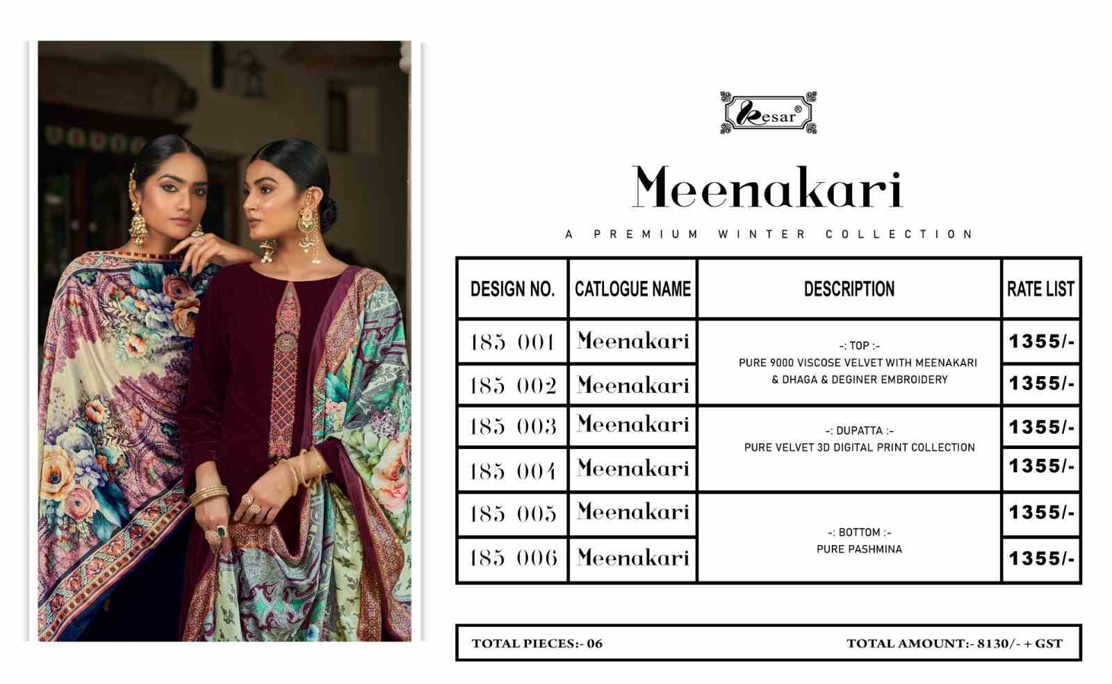 Meenakari By Kesar 185-001 To 185-006 Series Beautiful Stylish Festive Suits Fancy Colorful Casual Wear & Ethnic Wear & Ready To Wear Pure Viscose Velvet Print With Work Dresses At Wholesale Price
