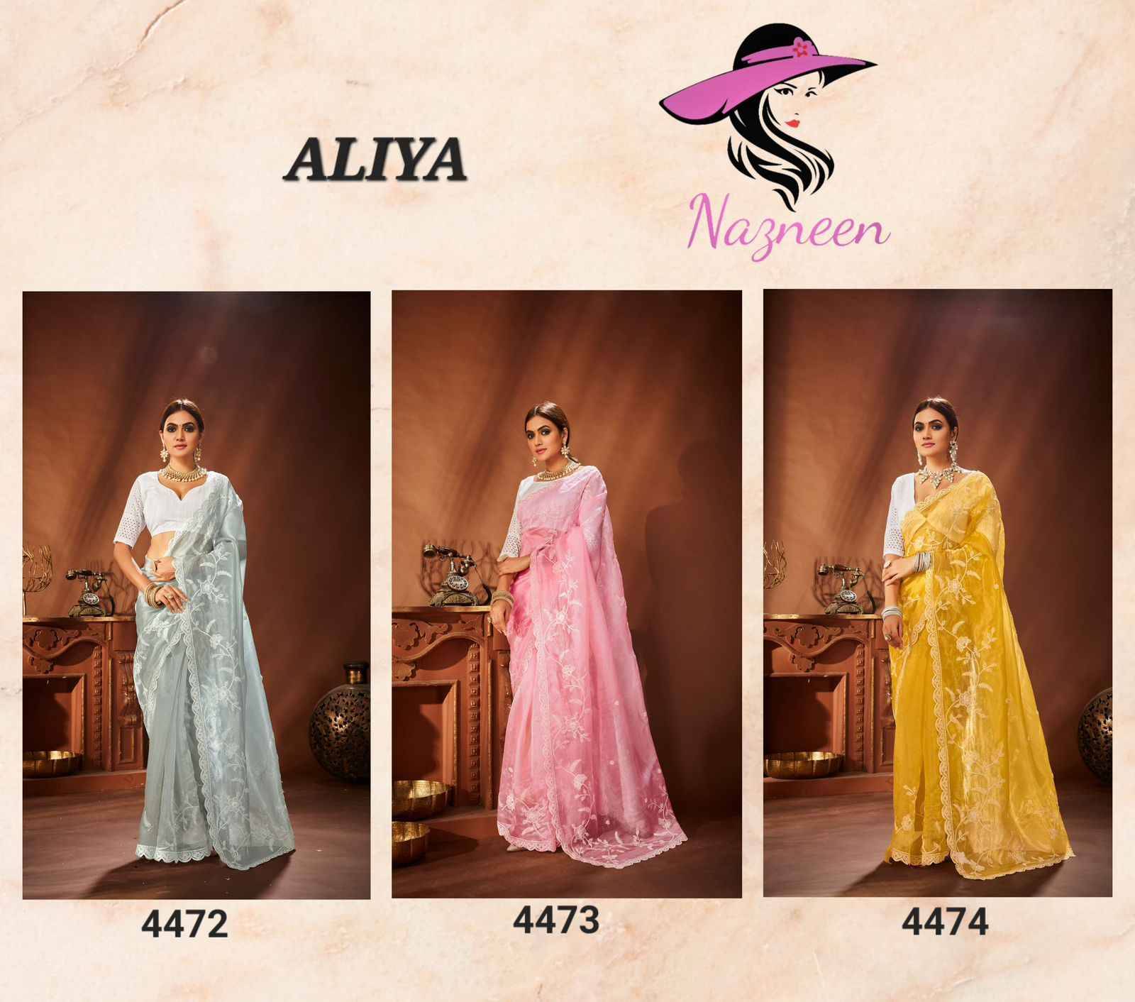 Aliya By Nazneen 4472 To 4474 Series Indian Traditional Wear Collection Beautiful Stylish Fancy Colorful Party Wear & Occasional Wear Khadi Organza Sarees At Wholesale Price