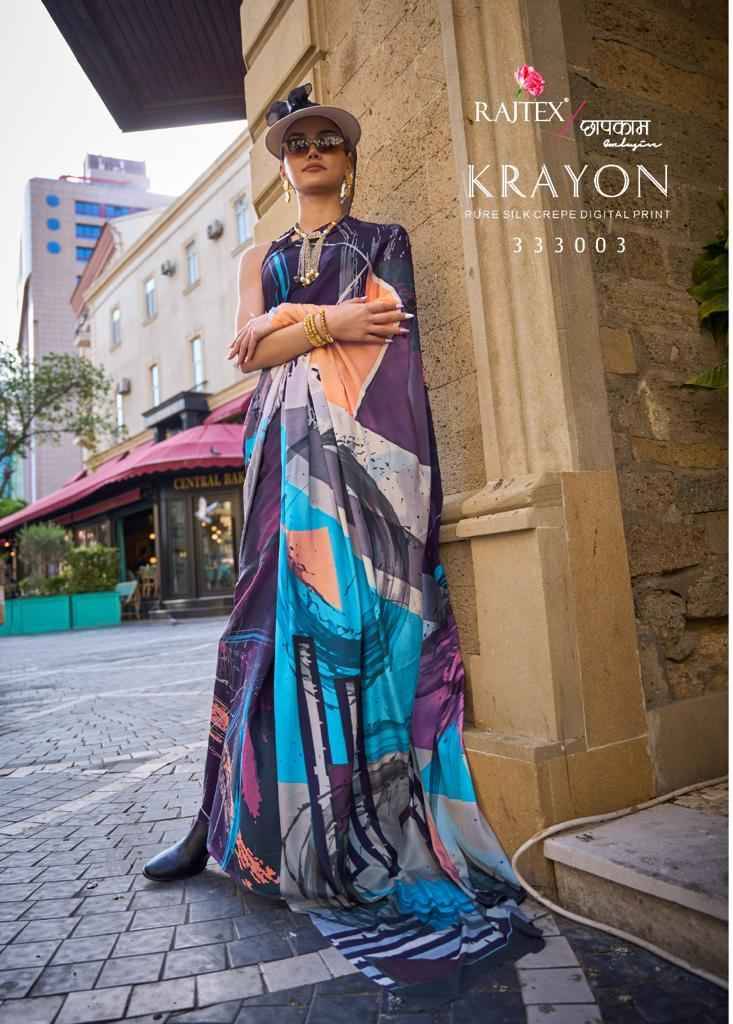 Krayon By Raj Tex 333001 To 333010 Series Indian Traditional Wear Collection Beautiful Stylish Fancy Colorful Party Wear & Occasional Wear Crepe Silk Sarees At Wholesale Price