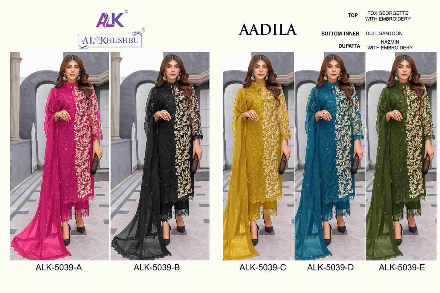 Aadila By Al Khushbu 5039-A To 5039-E Series Beautiful Pakistani Suits Colorful Stylish Fancy Casual Wear & Ethnic Wear Faux Georgette Embroidered Dresses At Wholesale Price