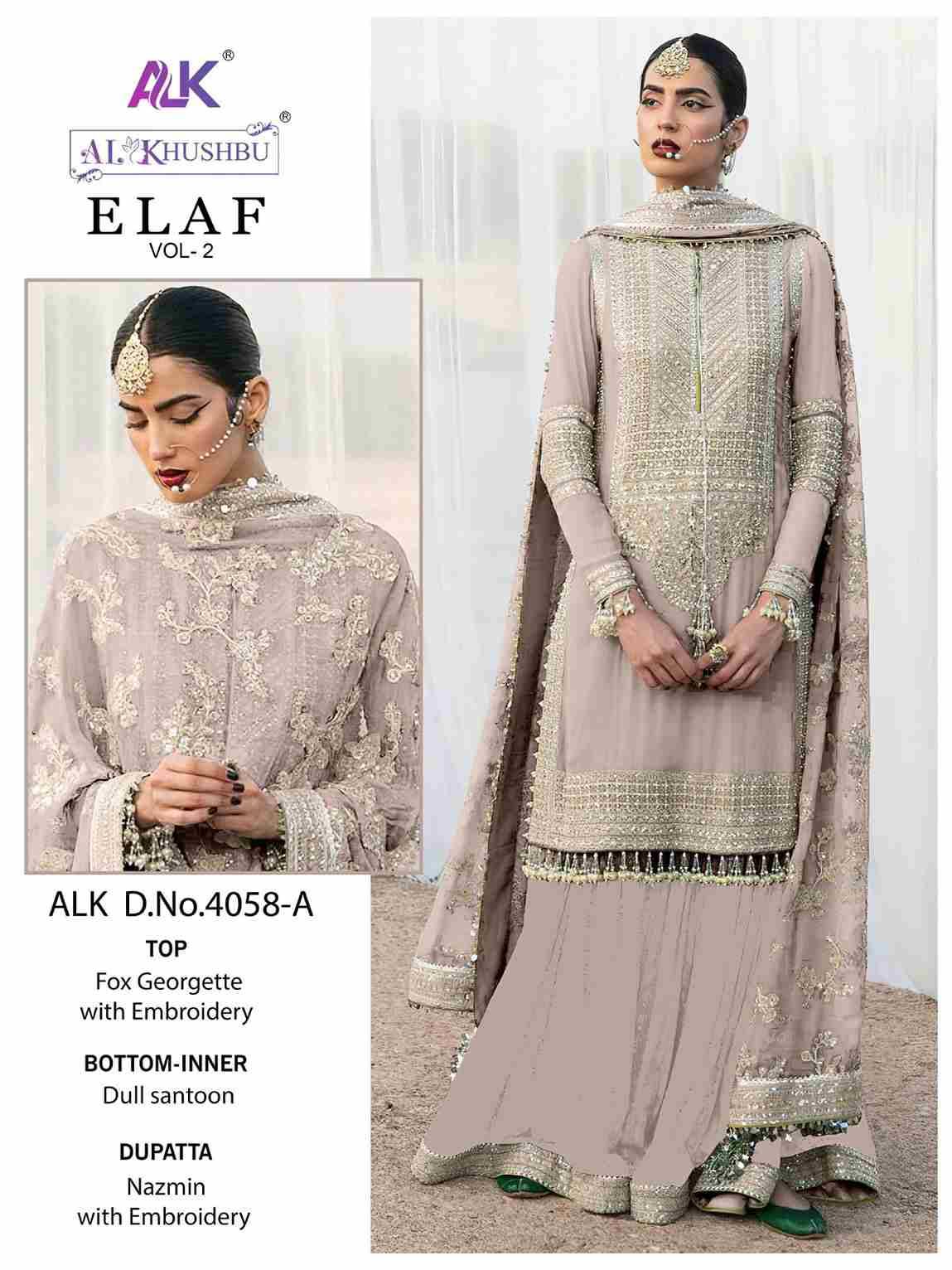 Elaf Vol-2 By Al Khushbu 4058-A To 4058-D Series Beautiful Pakistani Suits Colorful Stylish Fancy Casual Wear & Ethnic Wear Faux Georgette Embroidered Dresses At Wholesale Price