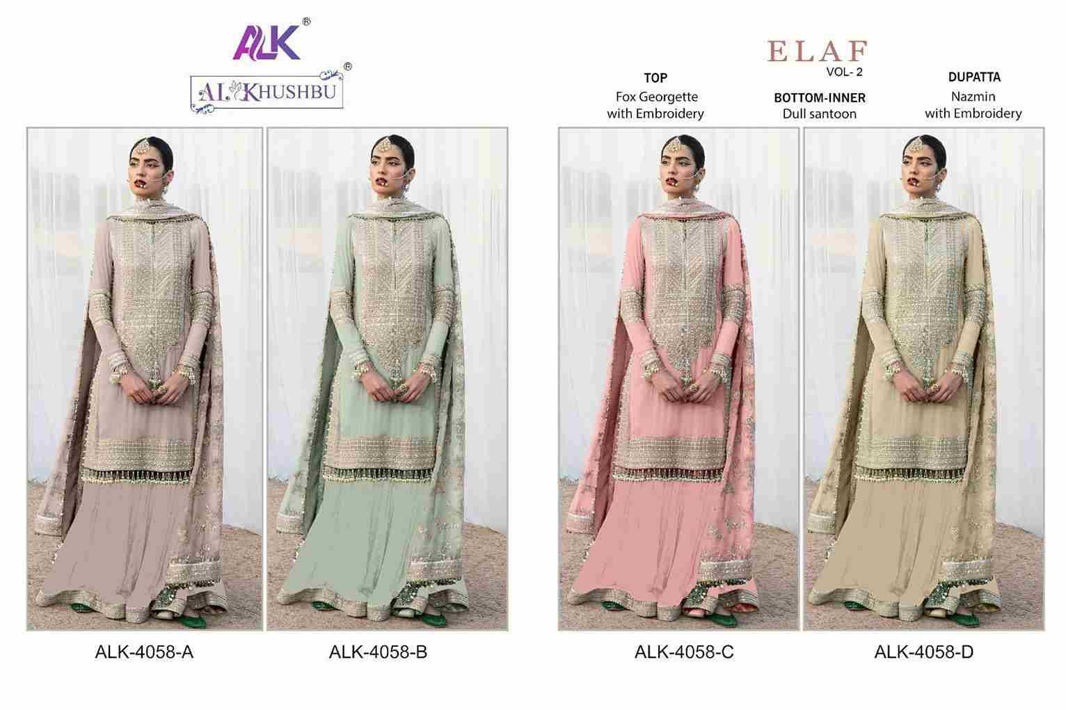 Elaf Vol-2 By Al Khushbu 4058-A To 4058-D Series Beautiful Pakistani Suits Colorful Stylish Fancy Casual Wear & Ethnic Wear Faux Georgette Embroidered Dresses At Wholesale Price