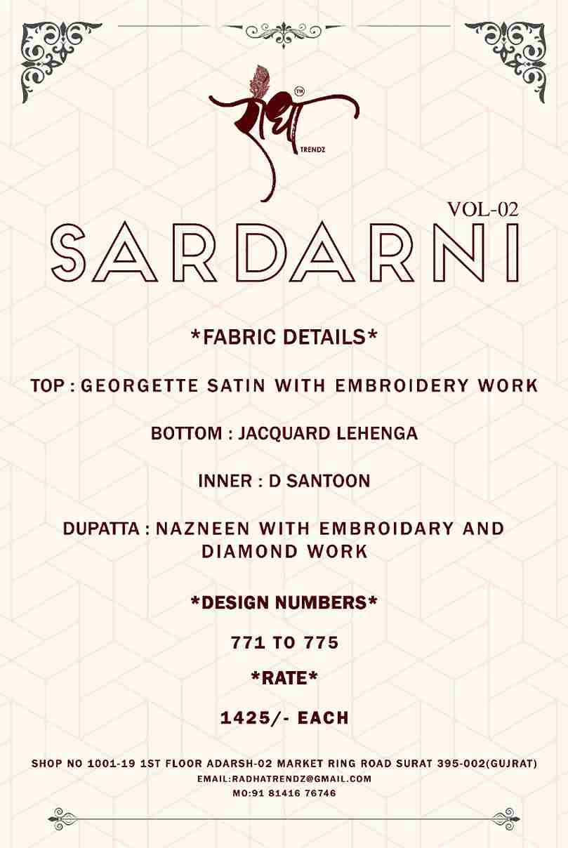 Sardarni Vol-2 By Radha Trendz 771 To 775 Series Beautiful Stylish Festive Suits Fancy Colorful Casual Wear & Ethnic Wear & Ready To Wear Georgette Satin Dresses At Wholesale Price