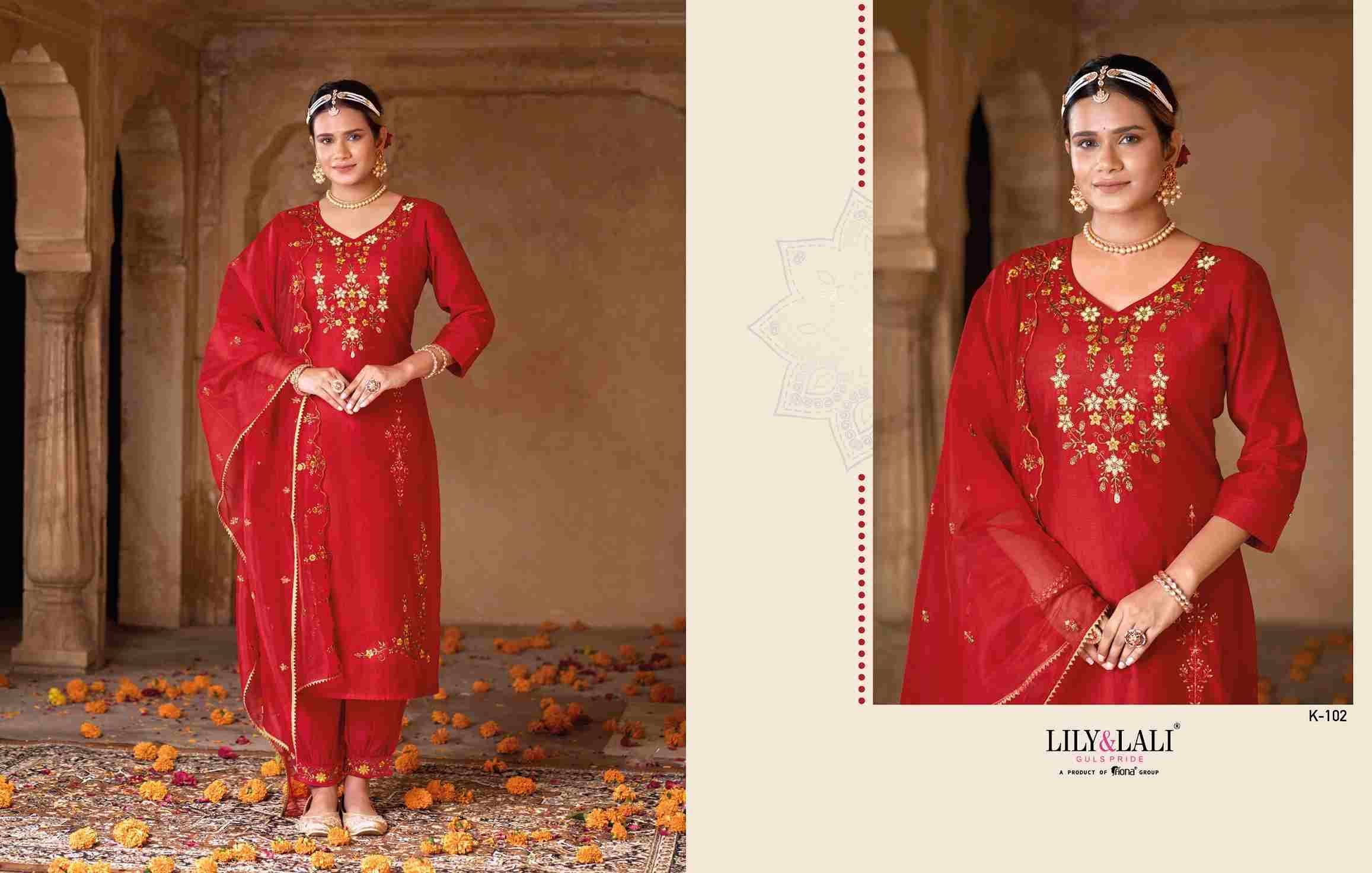 Karwa By Lily And Lali 101 To 106 Series Beautiful Festive Suits Colorful Stylish Fancy Casual Wear & Ethnic Wear Viscose/Organza Silk/Silk Embroidered Dresses At Wholesale Price