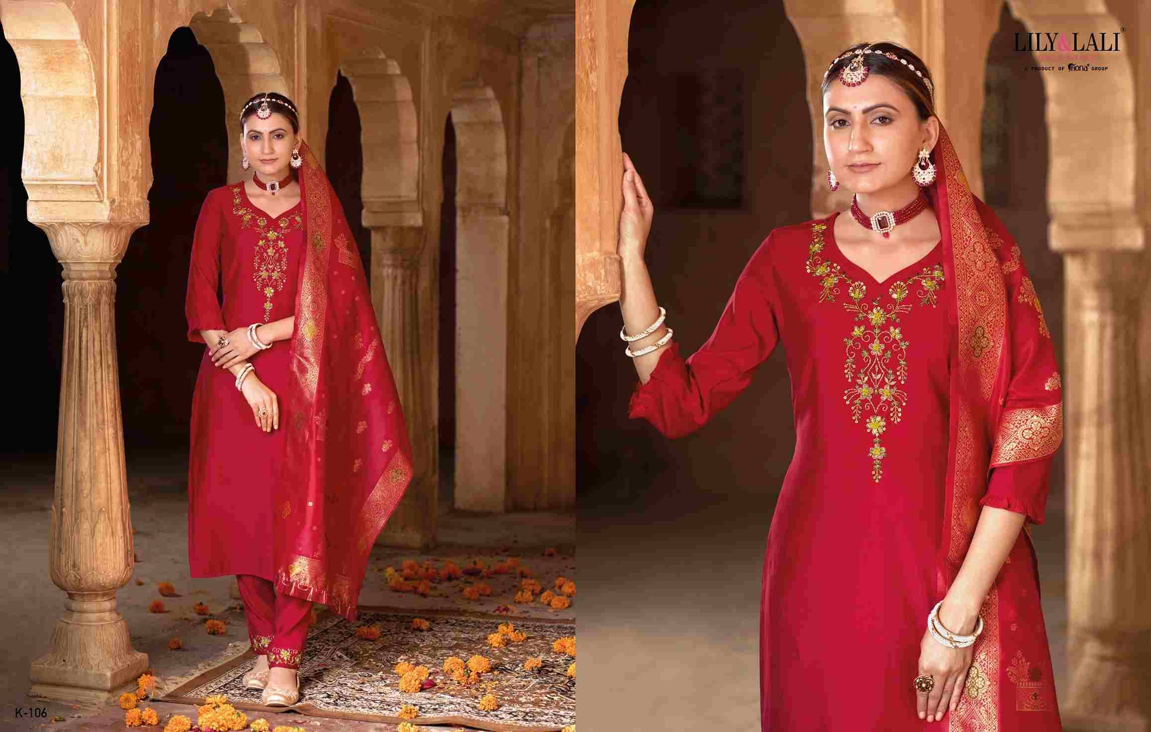 Karwa By Lily And Lali 101 To 106 Series Beautiful Festive Suits Colorful Stylish Fancy Casual Wear & Ethnic Wear Viscose/Organza Silk/Silk Embroidered Dresses At Wholesale Price