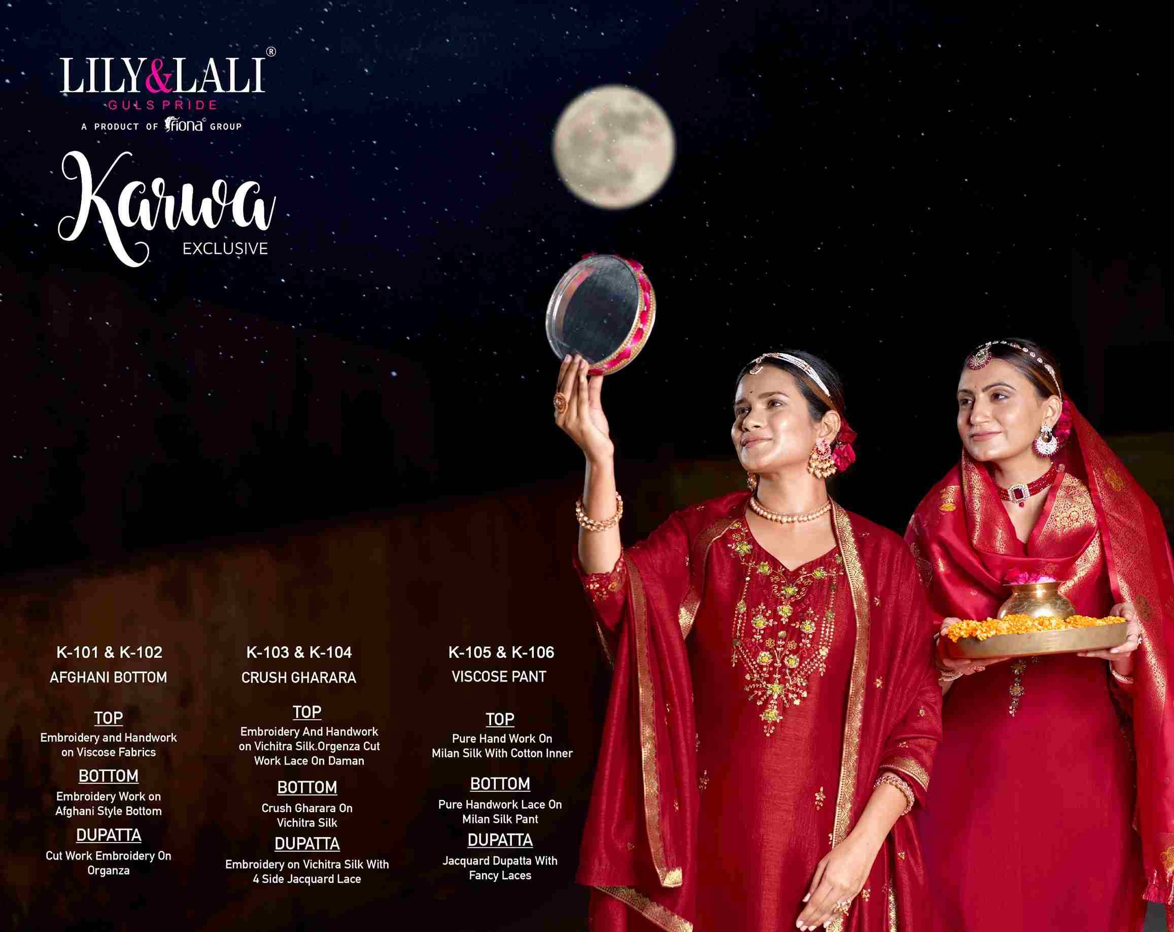 Karwa By Lily And Lali 101 To 106 Series Beautiful Festive Suits Colorful Stylish Fancy Casual Wear & Ethnic Wear Viscose/Organza Silk/Silk Embroidered Dresses At Wholesale Price