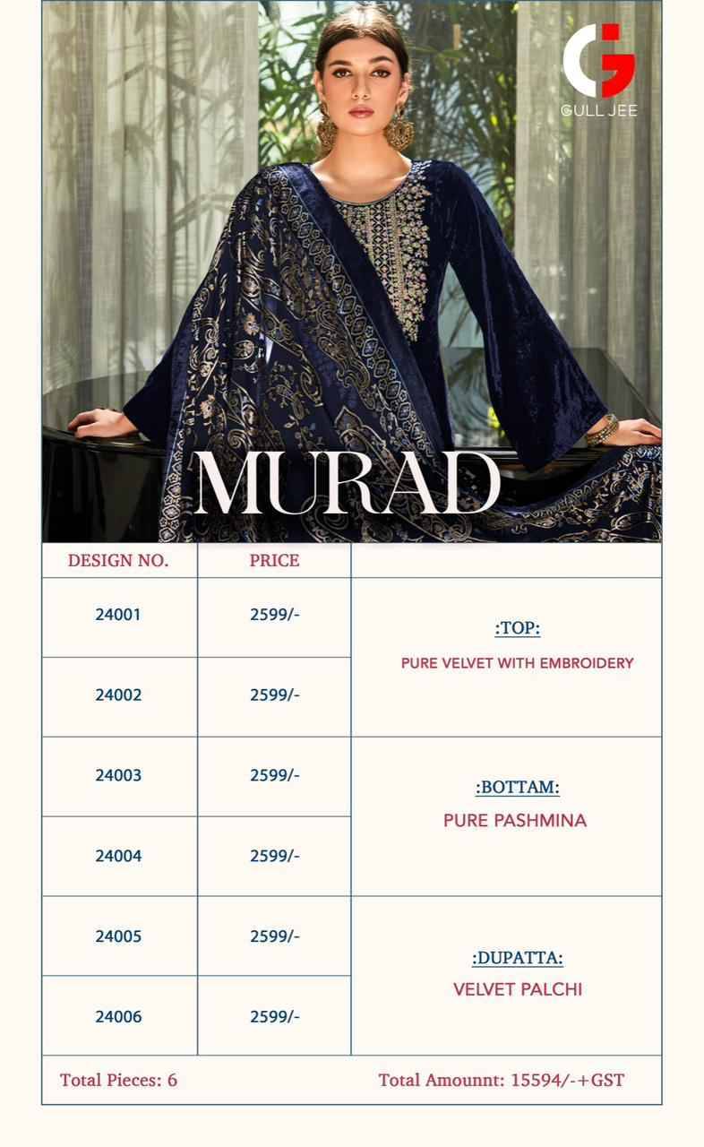 Murad By Gull Jee 24001 To 24006 Series Beautiful Festive Suits Colorful Stylish Fancy Casual Wear & Ethnic Wear Pure Velvet Embroidered Dresses At Wholesale Price