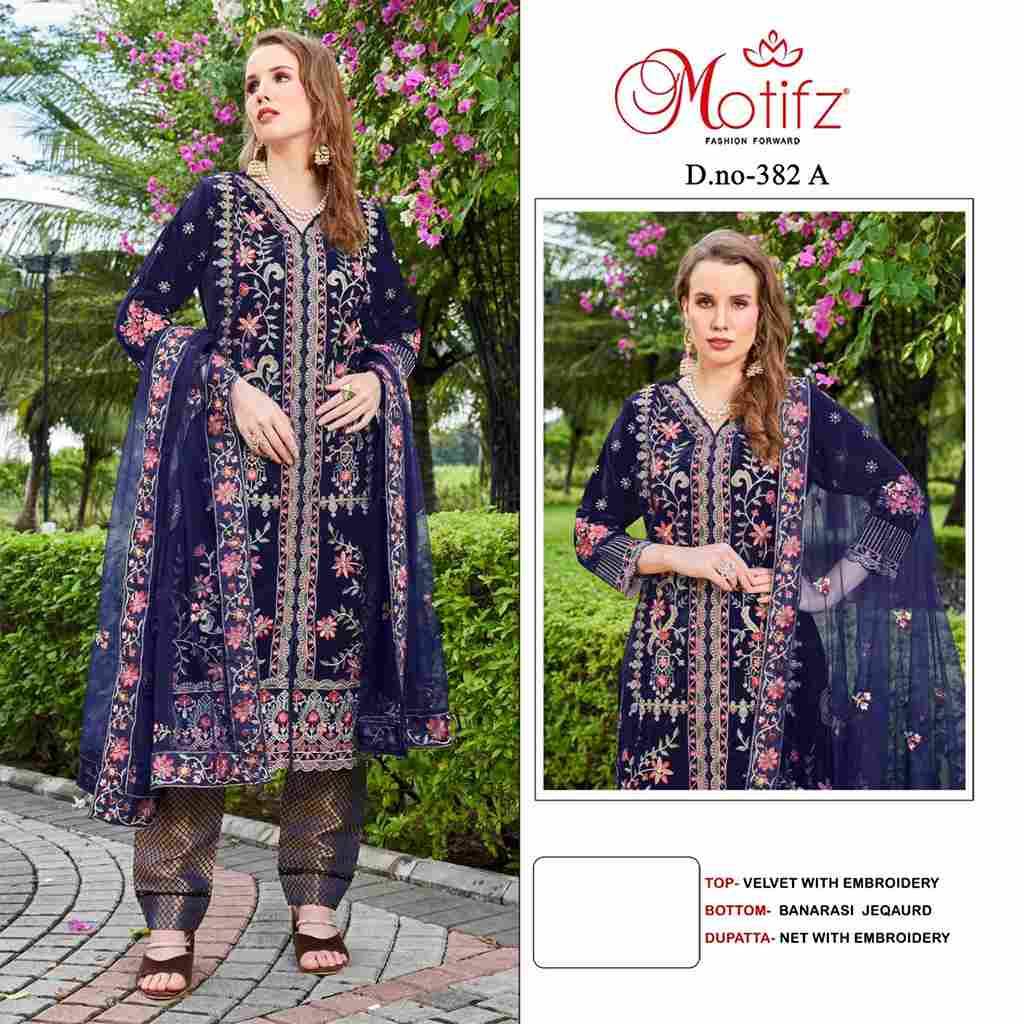 Motifz Hit Design 382 Colours By Motifz 382-A To 382-D Series Beautiful Pakistani Suits Colorful Stylish Fancy Casual Wear & Ethnic Wear Velvet Embroidered Dresses At Wholesale Price