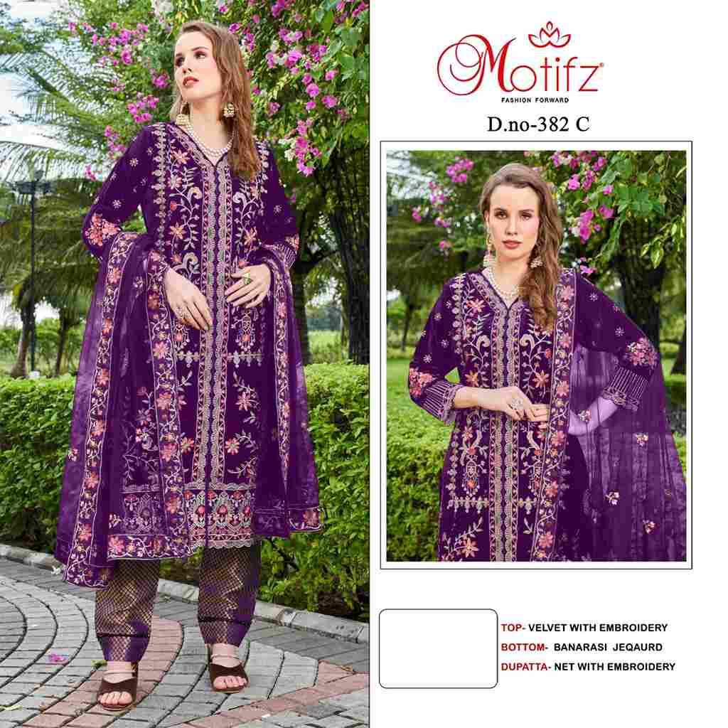 Motifz Hit Design 382 Colours By Motifz 382-A To 382-D Series Beautiful Pakistani Suits Colorful Stylish Fancy Casual Wear & Ethnic Wear Velvet Embroidered Dresses At Wholesale Price