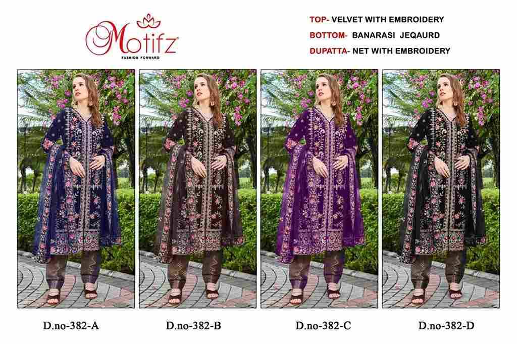 Motifz Hit Design 382 Colours By Motifz 382-A To 382-D Series Beautiful Pakistani Suits Colorful Stylish Fancy Casual Wear & Ethnic Wear Velvet Embroidered Dresses At Wholesale Price
