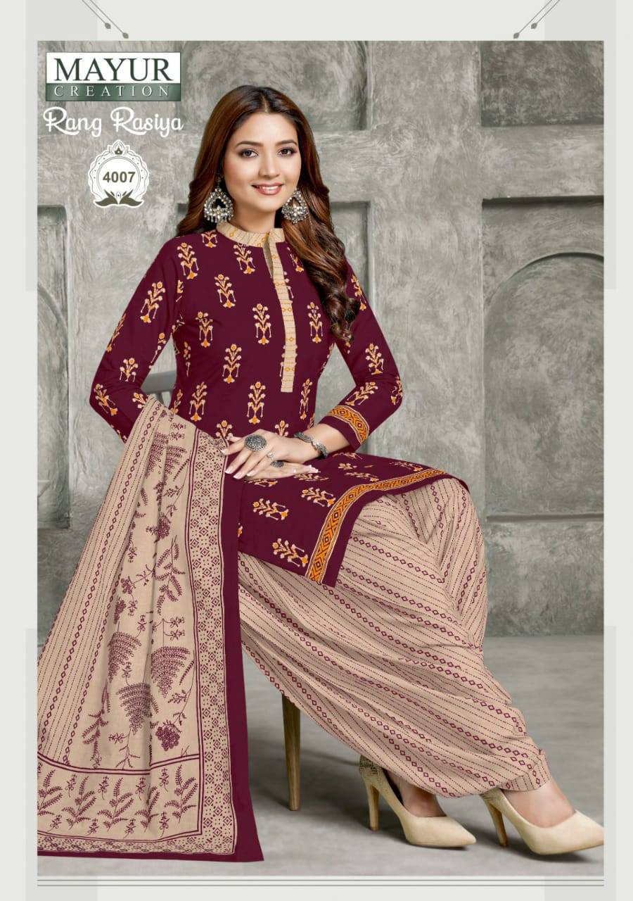 Rang Rasiya Vol-4 By Mayur Creation 4001 To 4010 Series Beautiful Suits Colorful Stylish Fancy Casual Wear & Ethnic Wear Cotton Print Dresses At Wholesale Price