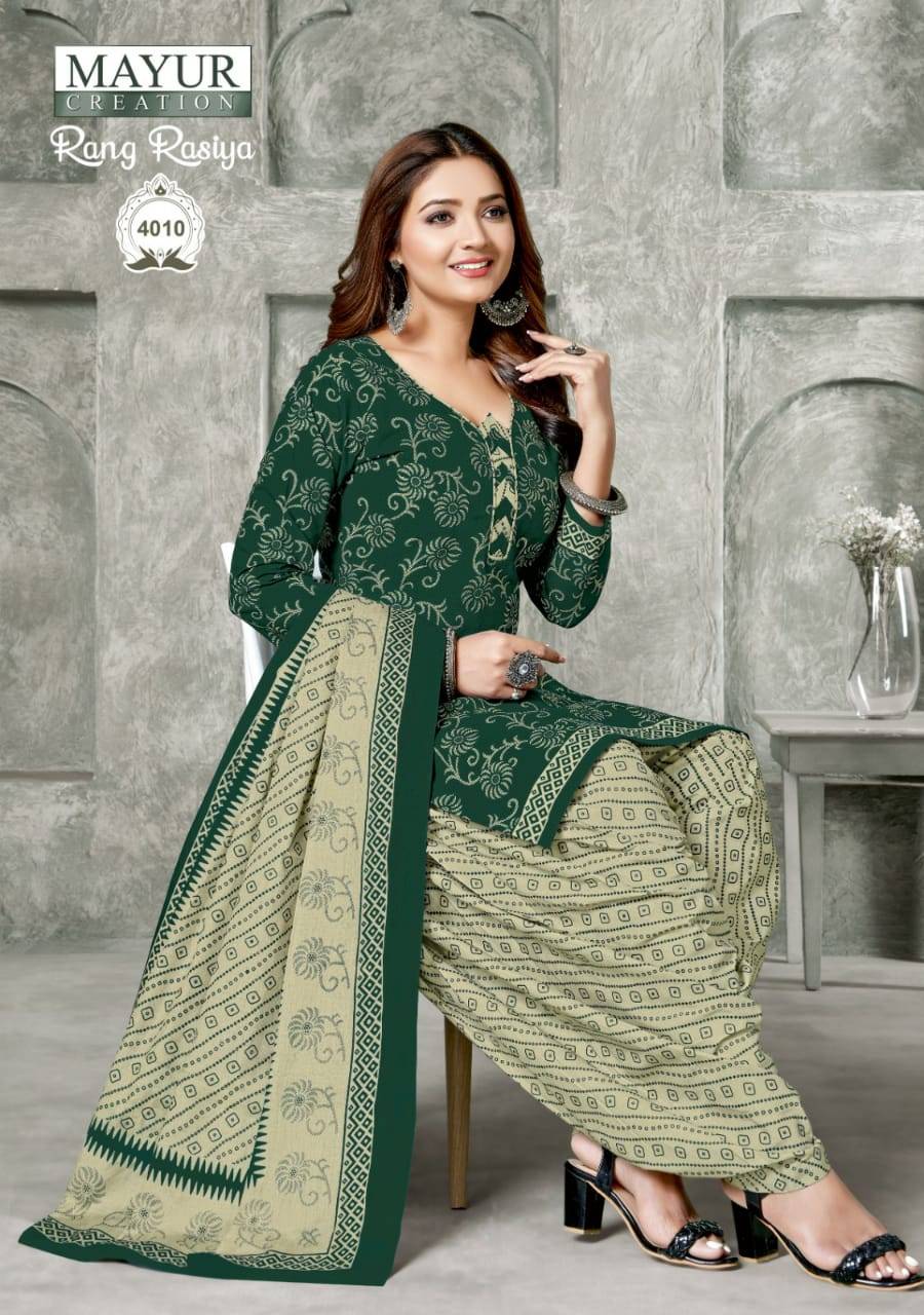 Rang Rasiya Vol-4 By Mayur Creation 4001 To 4010 Series Beautiful Suits Colorful Stylish Fancy Casual Wear & Ethnic Wear Cotton Print Dresses At Wholesale Price