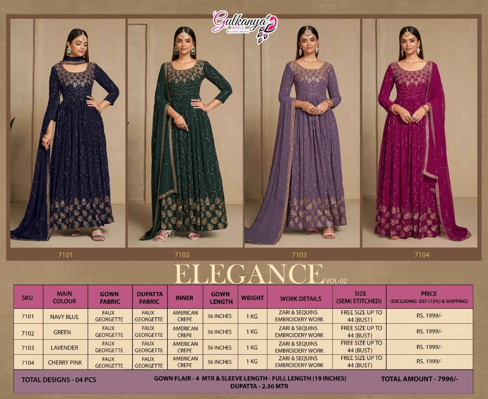 Elegance Vol-2 By Gulkanya Style 7101 To 7104 Series Beautiful Stylish Fancy Colorful Casual Wear & Ethnic Wear Faux Georgette Gowns With Dupatta At Wholesale Price