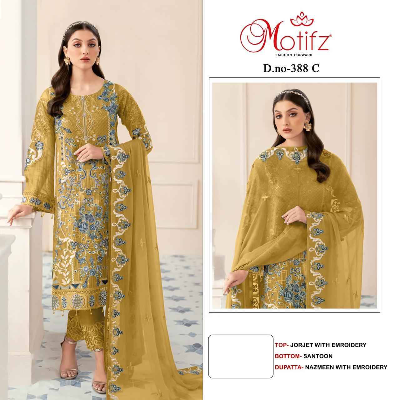 Motifz Hit Design 388 Colours By Motifz 388-A To 388-D Series Beautiful Pakistani Suits Colorful Stylish Fancy Casual Wear & Ethnic Wear Georgette With Embroidered Dresses At Wholesale Price