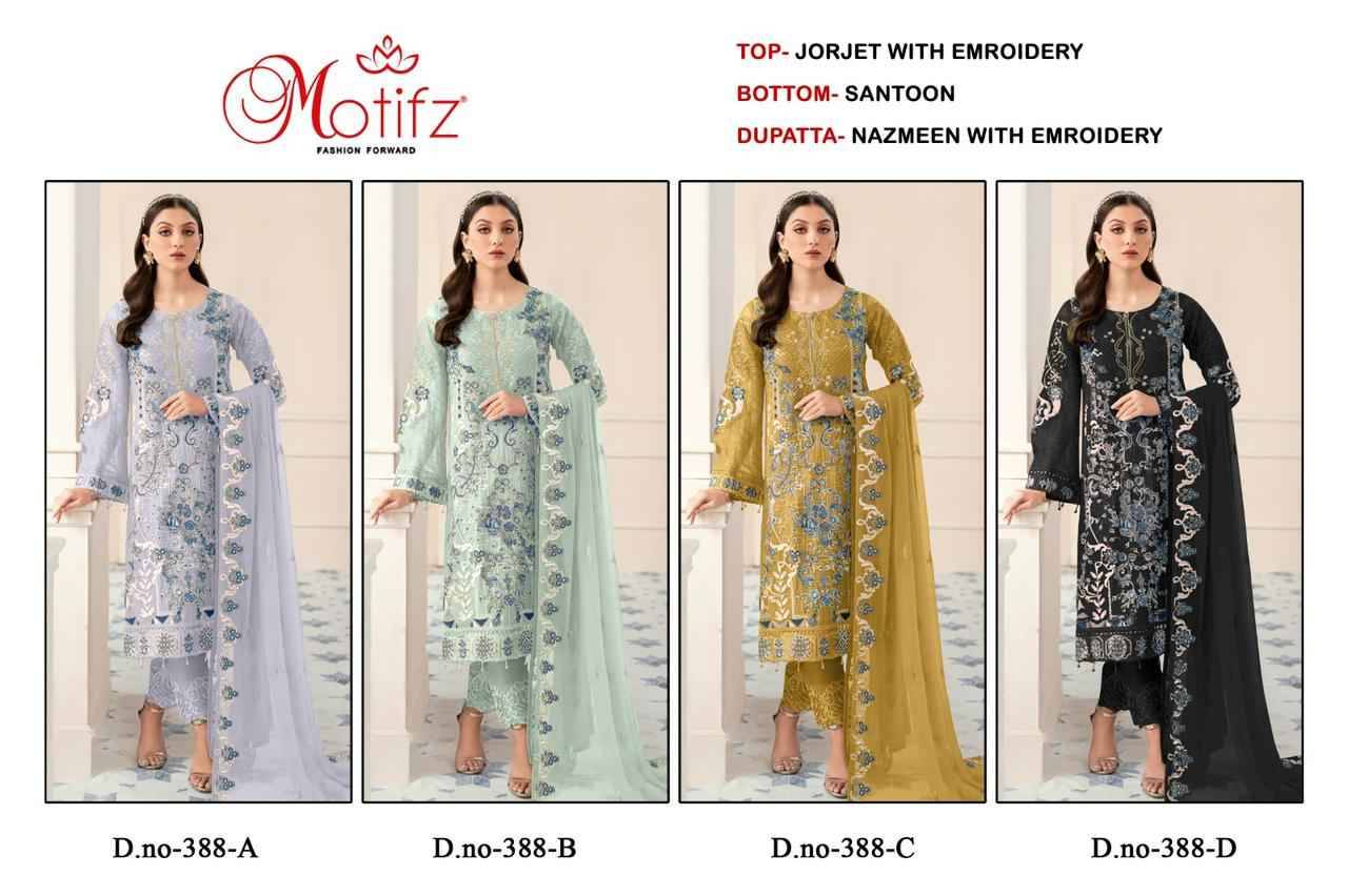 Motifz Hit Design 388 Colours By Motifz 388-A To 388-D Series Beautiful Pakistani Suits Colorful Stylish Fancy Casual Wear & Ethnic Wear Georgette With Embroidered Dresses At Wholesale Price