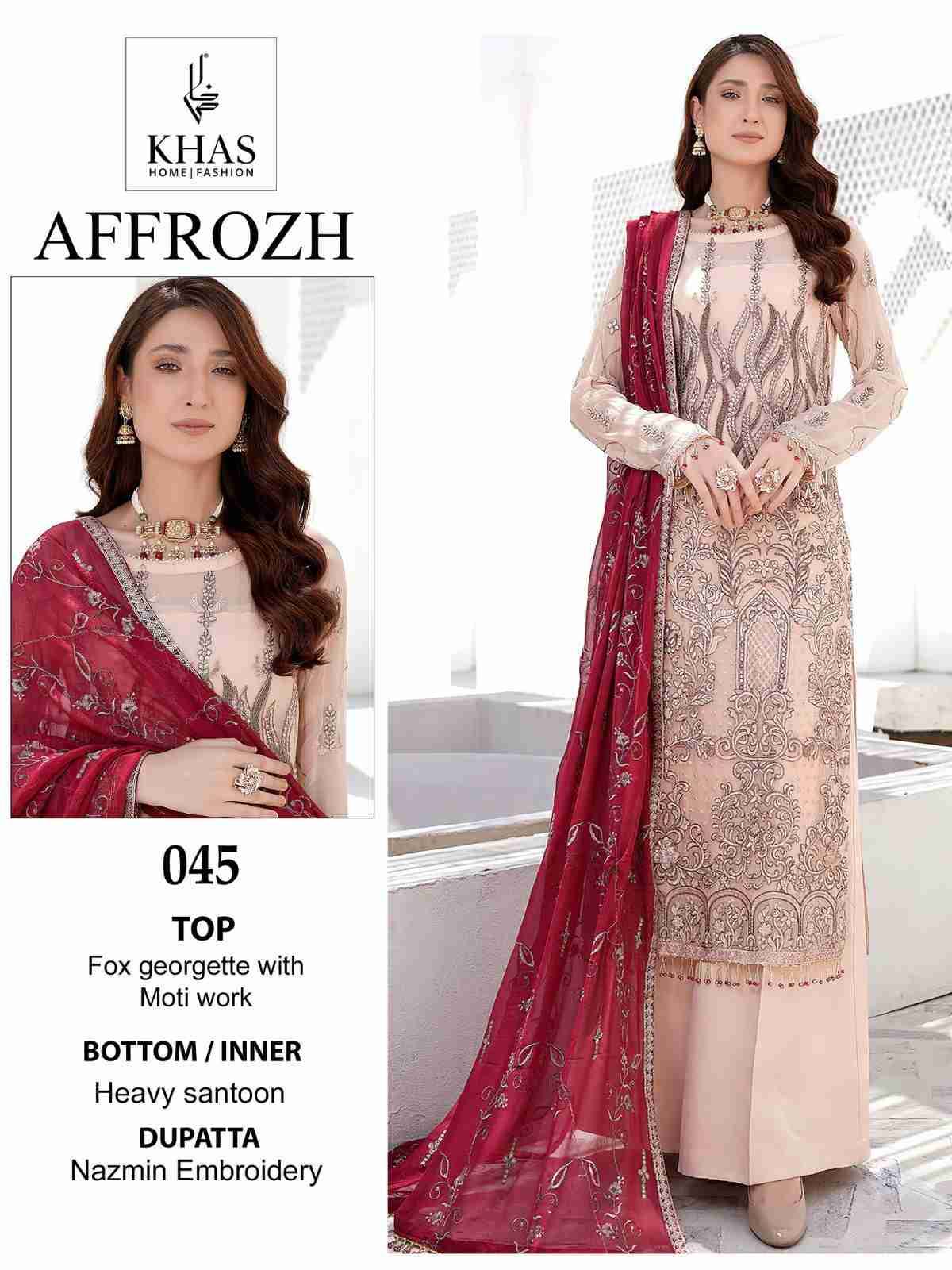 Affrozh By Khas 045 To 047 Series Designer Pakistani Suits Beautiful Stylish Fancy Colorful Party Wear & Occasional Wear Faux Georgette With Embroidery Dresses At Wholesale Price