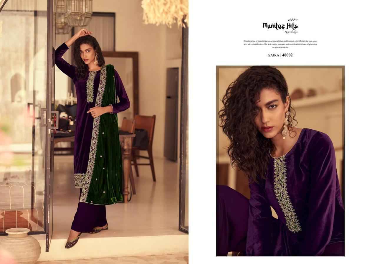 Saira By Mumtaz Arts 48001 To 48004 Series Beautiful Festive Suits Colorful Stylish Fancy Casual Wear & Ethnic Wear Pure Velvet Embroidered Dresses At Wholesale Price