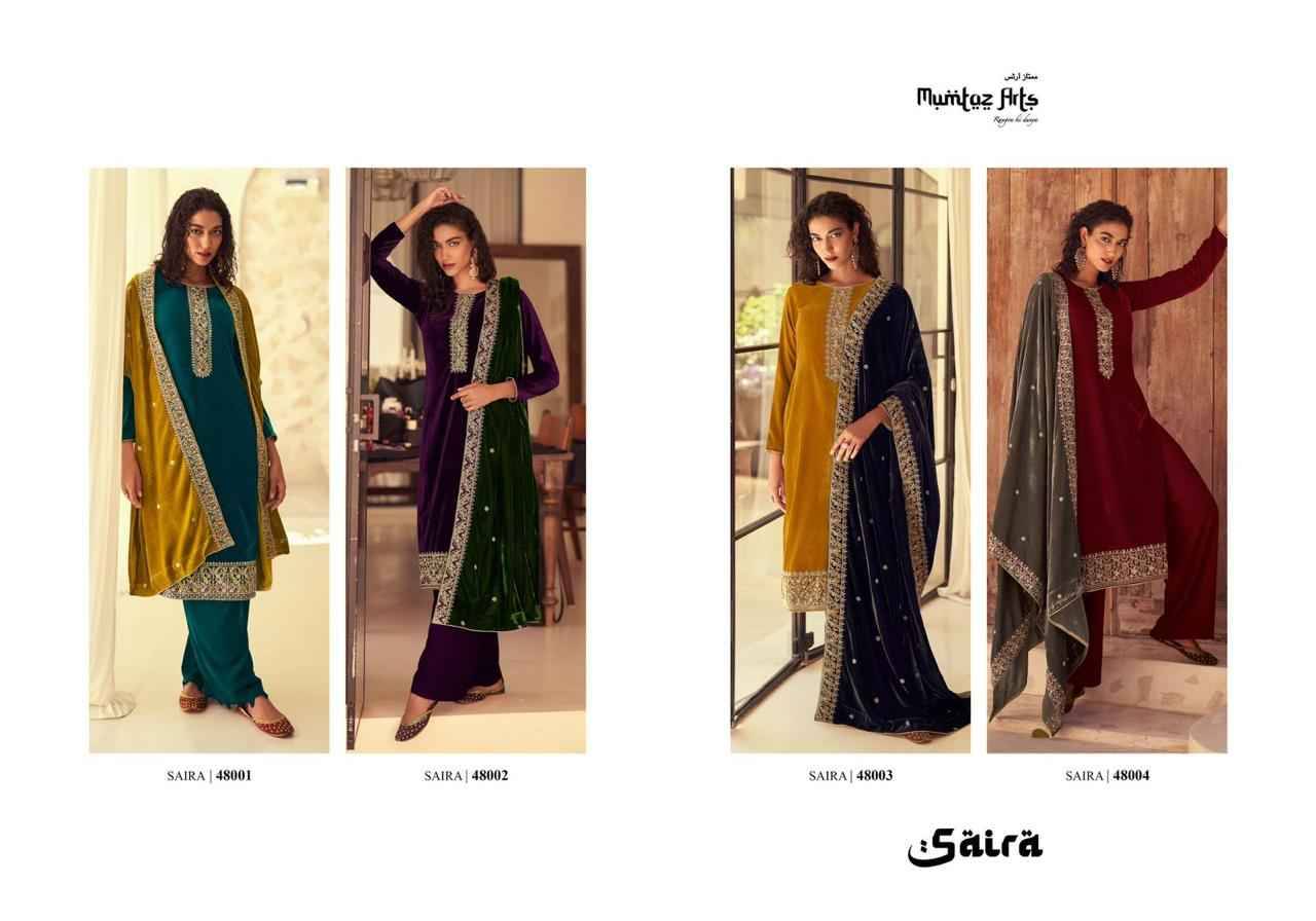 Saira By Mumtaz Arts 48001 To 48004 Series Beautiful Festive Suits Colorful Stylish Fancy Casual Wear & Ethnic Wear Pure Velvet Embroidered Dresses At Wholesale Price