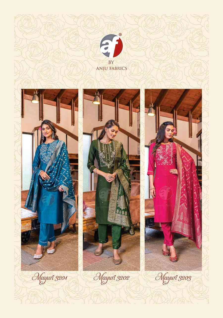  Mayuri Vol-3 By Anju Fabrics 3201 To 3206 Series Designer Festive Suits Collection Beautiful Stylish Fancy Colorful Party Wear & Occasional Wear Viscose Nylon Dresses At Wholesale Price