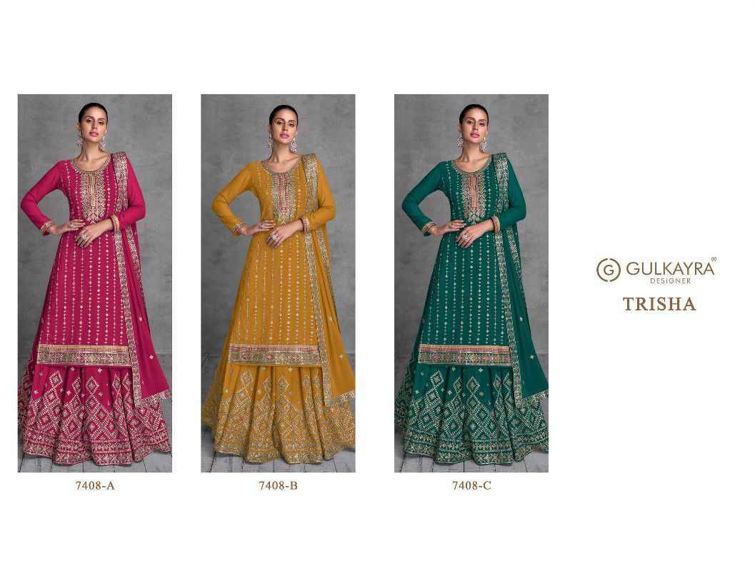  Trisha By Gulkayra Designer 7408-A To 7408-C Series Beautiful Festive Suits Colorful Stylish Fancy Casual Wear & Ethnic Wear Georgette Embroidered Dresses At Wholesale Price