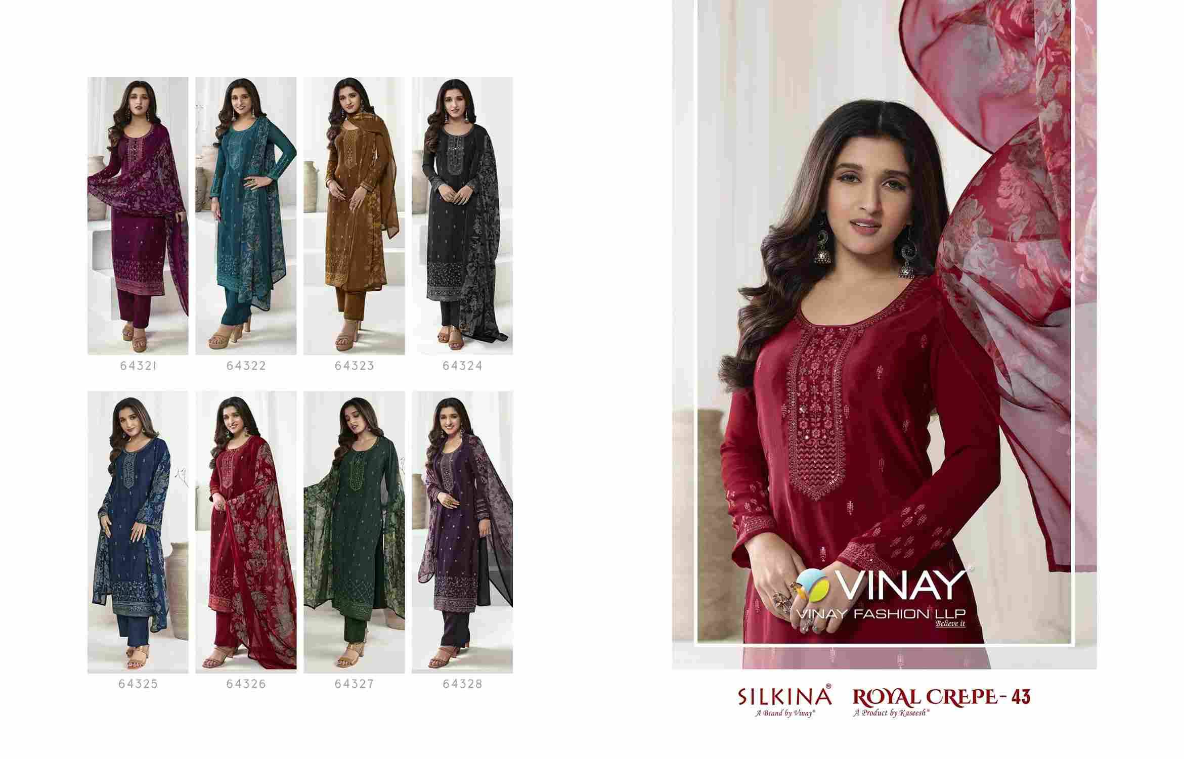Royal Crepe Vol-43 By Vinay Fashion 64321 To 64328 Series Designer Festive Sharara Suits Collection Beautiful Stylish Fancy Colorful Party Wear & Occasional Wear Royal Crepe Dresses At Wholesale Price