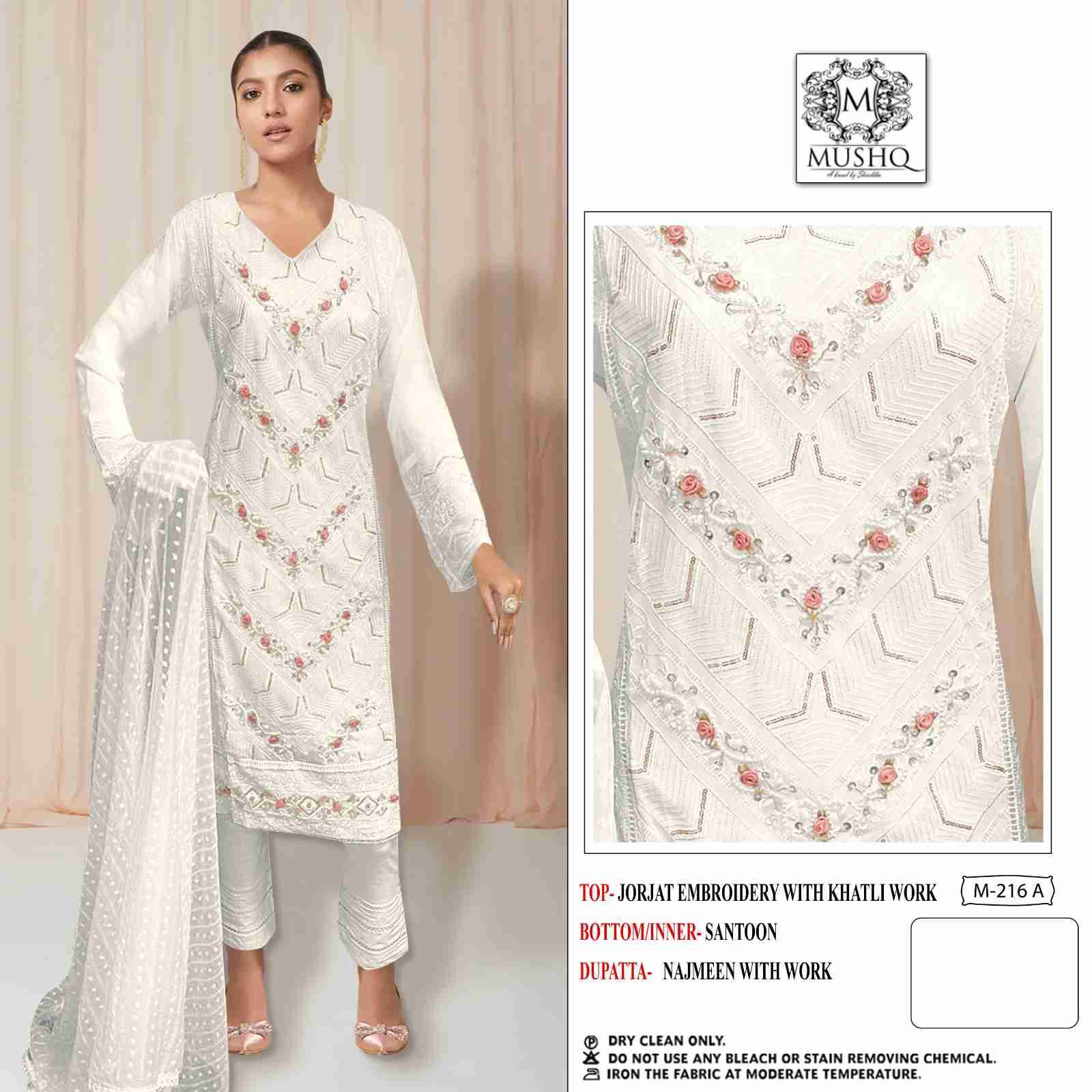  Mushq Hit Design 216 Colours By Mushq 216-A To 216-C Series Beautiful Stylish Pakistani Suits Fancy Colorful Casual Wear & Ethnic Wear & Ready To Wear Heavy Georgette Embroidery Dresses At Wholesale Price