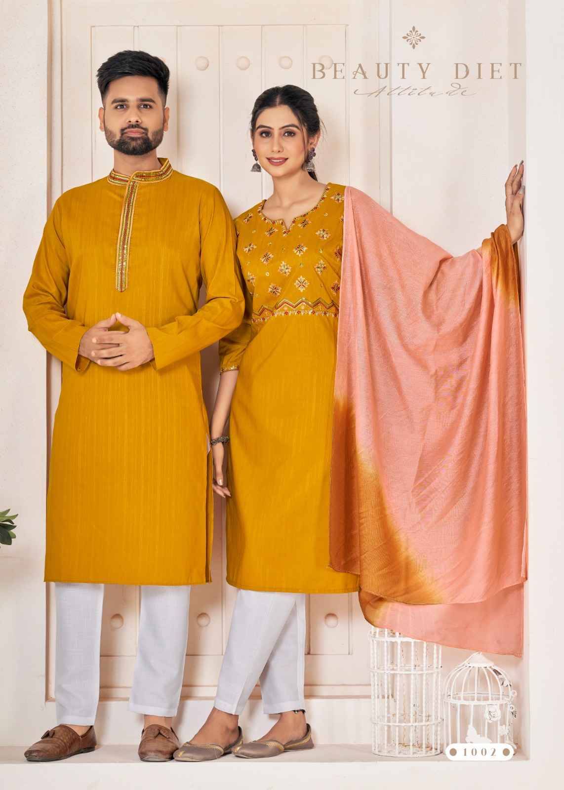 Couple Goal Vol-6 By Fashid Wholesale 1001 To 1005 Series Beautiful Colorful Stylish Fancy Casual Wear & Ethnic Wear & Ready To Wear Pure Viscose Kurtas With Pajamas/Dresses At Wholesale Price