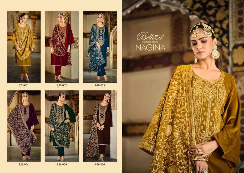 Nagina By Belliza 826-001 To 826-006 Series Beautiful Festive Suits Stylish Fancy Colorful Party Wear & Occasional Wear Pure Velvet Embroidered Dresses At Wholesale Price