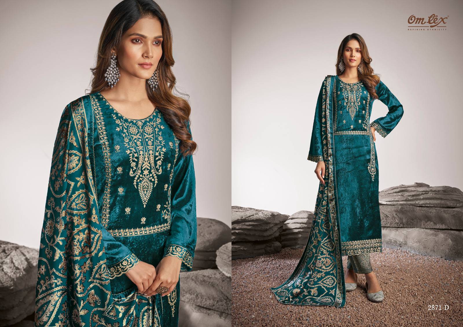 Ritha Vol-7 By Om Tex 2871-A To 2871-D Series Designer Festive Suits Beautiful Fancy Stylish Colorful Party Wear & Occasional Wear Pure Viscose Velvet With Embroidery Dresses At Wholesale Price