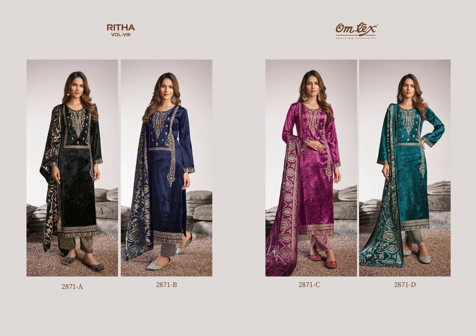 Ritha Vol-7 By Om Tex 2871-A To 2871-D Series Designer Festive Suits Beautiful Fancy Stylish Colorful Party Wear & Occasional Wear Pure Viscose Velvet With Embroidery Dresses At Wholesale Price