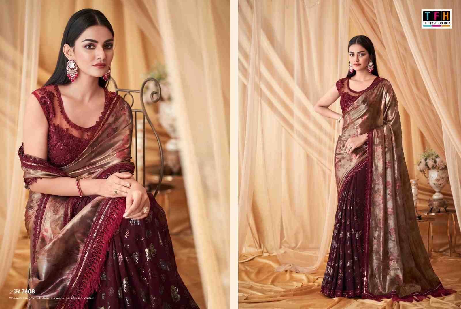 Sparkle Vol-4 By Tfh 7601 To 7614 Series Indian Traditional Wear Collection Beautiful Stylish Fancy Colorful Party Wear & Occasional Wear Soft Georgette Silk Sarees At Wholesale Price