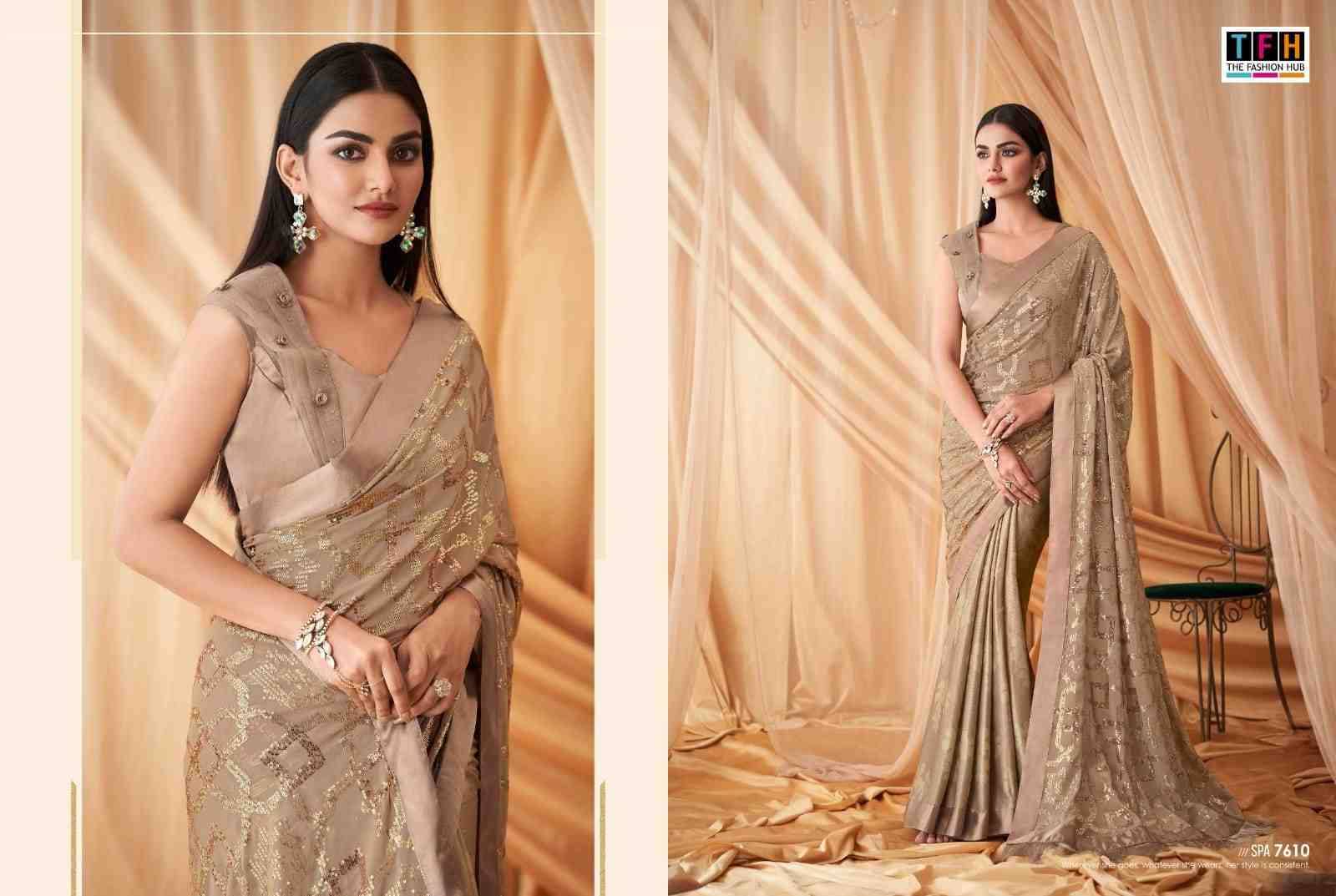 Sparkle Vol-4 By Tfh 7601 To 7614 Series Indian Traditional Wear Collection Beautiful Stylish Fancy Colorful Party Wear & Occasional Wear Soft Georgette Silk Sarees At Wholesale Price