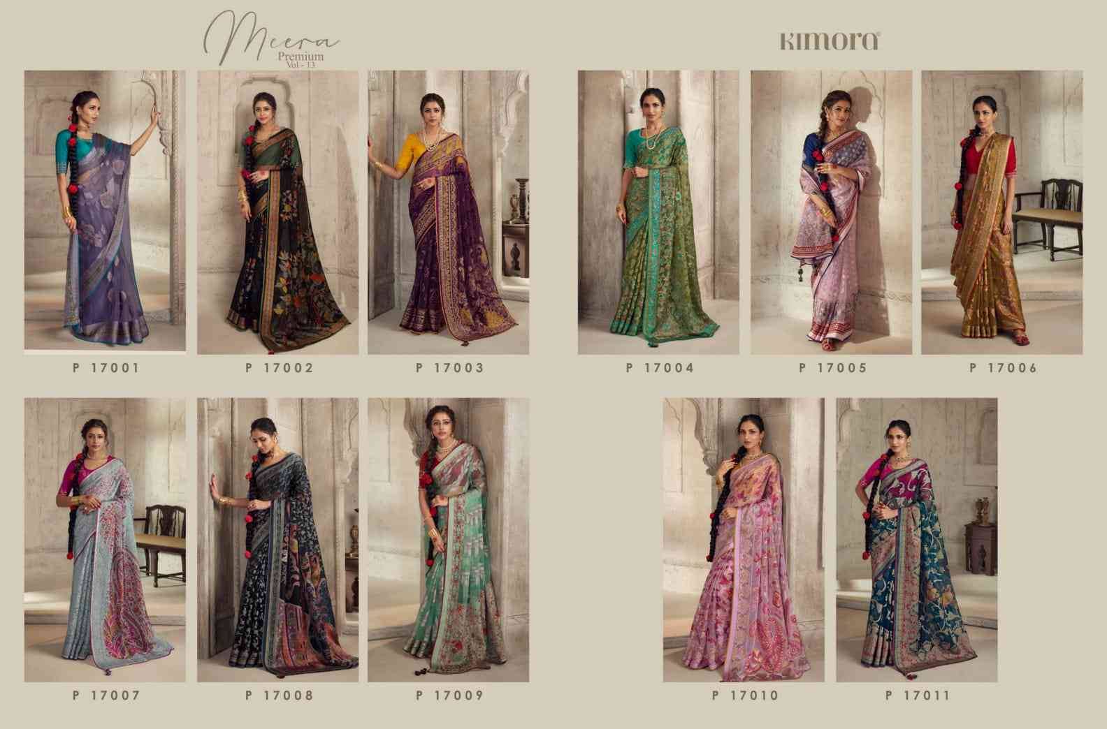 Meera Vol-13 By Kimora Fashion 17001 To 17011 Series Indian Traditional Wear Collection Beautiful Stylish Fancy Colorful Party Wear & Occasional Wear Organza Brasso Sarees At Wholesale Price