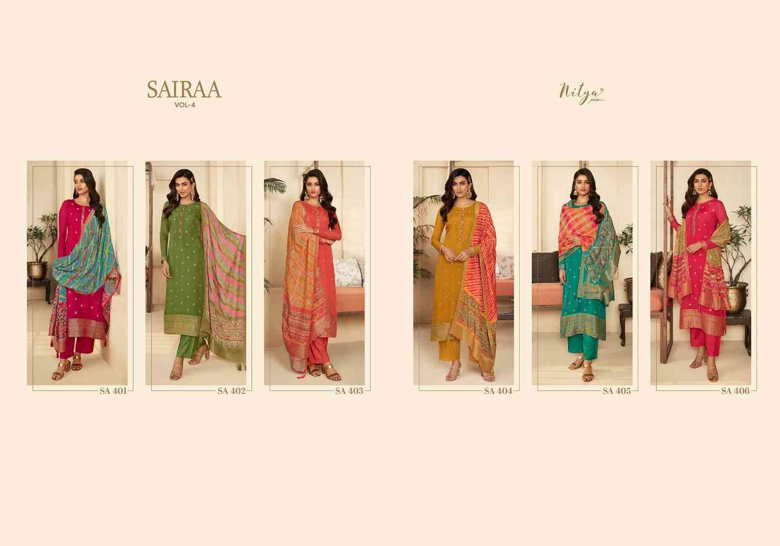 Sairaa Vol-4 By Lt Fabrics 401 To 406 Series Beautiful Stylish Festive Suits Fancy Colorful Casual Wear & Ethnic Wear & Ready To Wear Organza Jacqaurd With Work Dresses At Wholesale Price