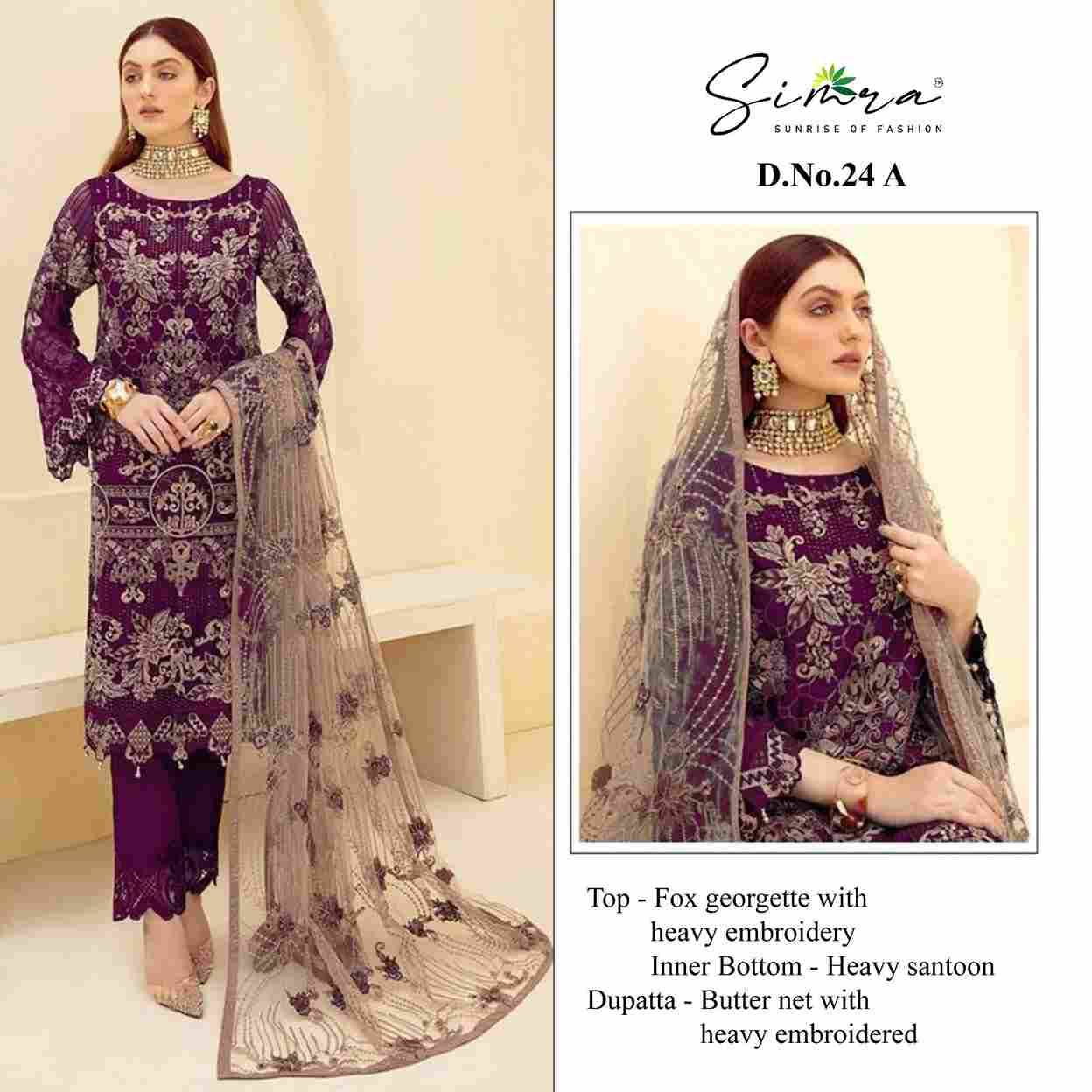 Simra 24 Colours By Fashid Wholesale 24-A To 24-D Series Pakistani Suits Beautiful Fancy Colorful Stylish Party Wear & Occasional Wear Faux Georgette With Embroidery Dresses At Wholesale Price