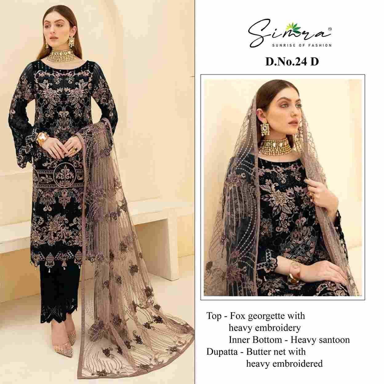 Simra 24 Colours By Fashid Wholesale 24-A To 24-D Series Pakistani Suits Beautiful Fancy Colorful Stylish Party Wear & Occasional Wear Faux Georgette With Embroidery Dresses At Wholesale Price