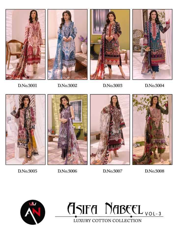 Asifa Nabeel Luxury Cotton Collection Vol-3 By Fashid Wholesale 3001 To 3008 Series Beautiful Suits Stylish Colorful Fancy Casual Wear & Ethnic Wear Cotton Print Dresses At Wholesale Price