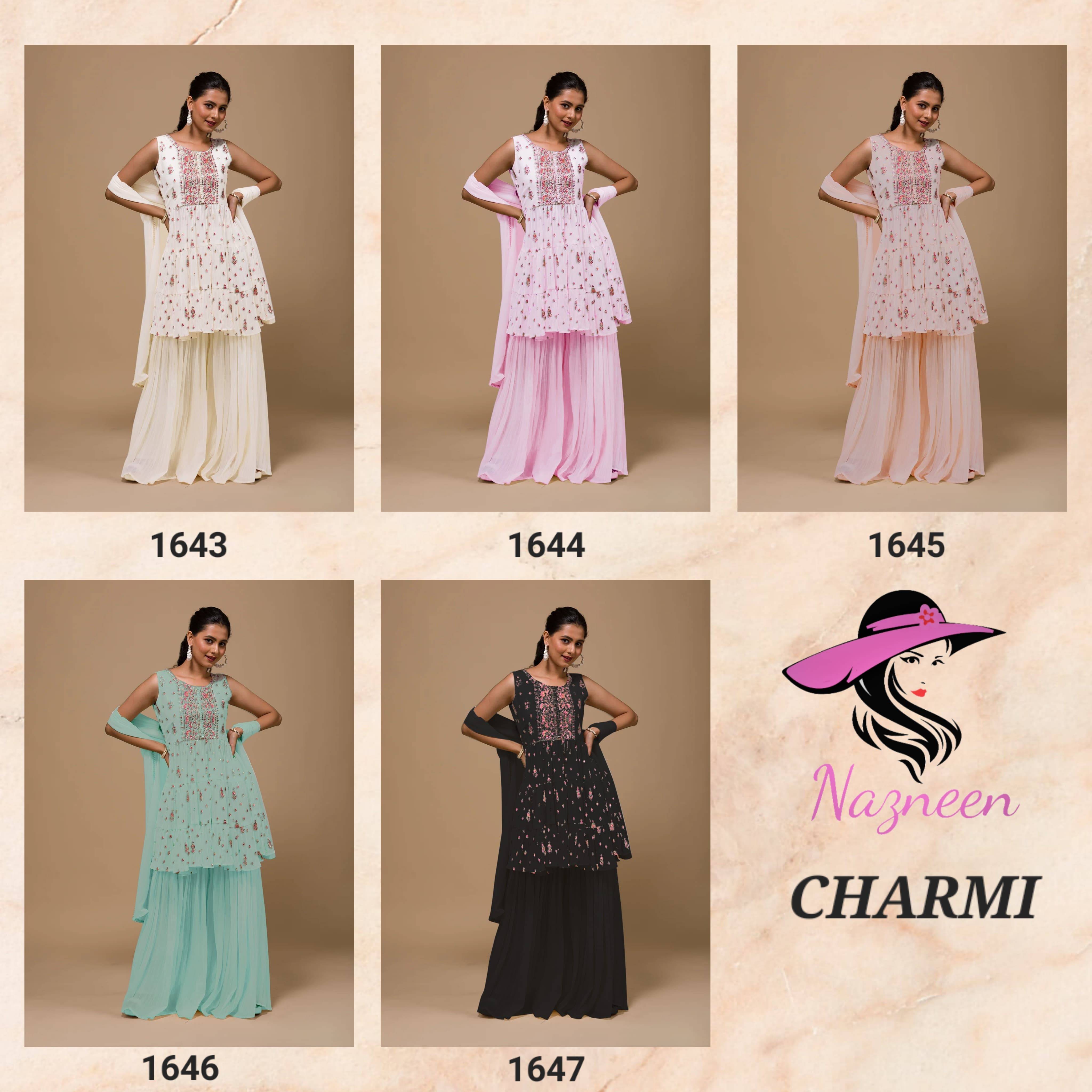 Charmi By Nazneen 1643 To 1648 Series Beautiful Suits Colorful Stylish Fancy Casual Wear & Ethnic Wear Heavy Georgette Embroidered Dresses At Wholesale Price