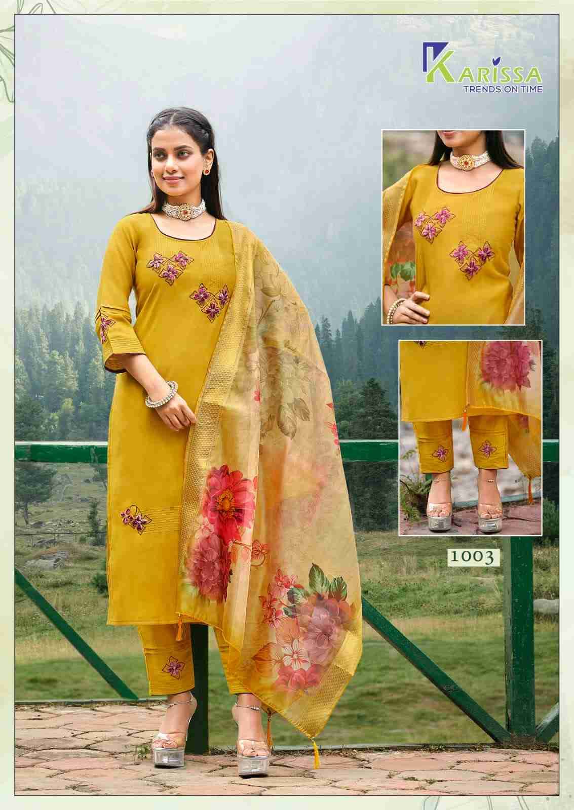 Florence By Karissa 1001 To 1004 Series Beautiful Festive Suits Colorful Stylish Fancy Casual Wear & Ethnic Wear Pure Viscose Silk Embroidered Dresses At Wholesale Price