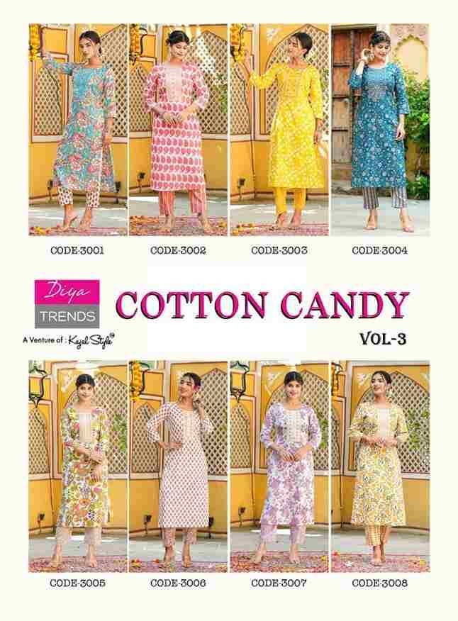 Cotton Candy Vol-3 By Diya Trends 3001 To 3008 Series Designer Stylish Fancy Colorful Beautiful Party Wear & Ethnic Wear Collection Pure Cotton Print Kurtis With Bottom At Wholesale Price